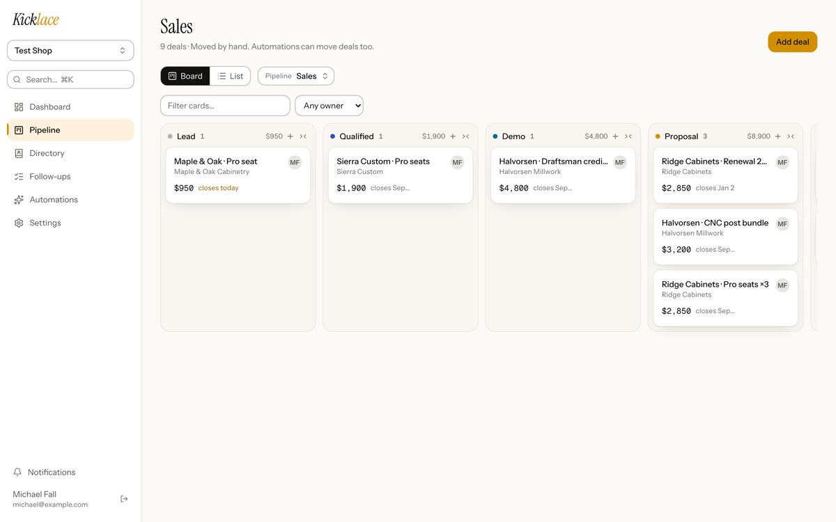 The Sales board in Kicklace with Lead, Qualified, Demo, Proposal, Won, and Lost columns.