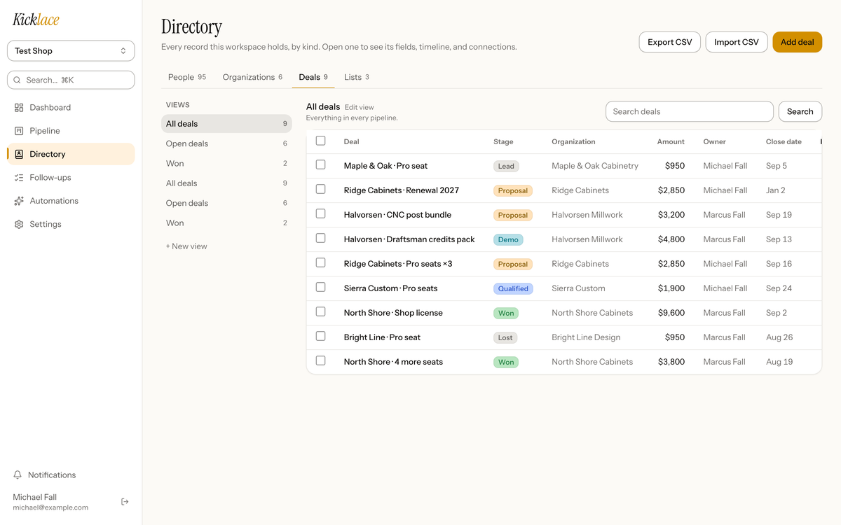 The Kicklace directory listing deals with stage, organization, amount, owner, close date, and last activity.