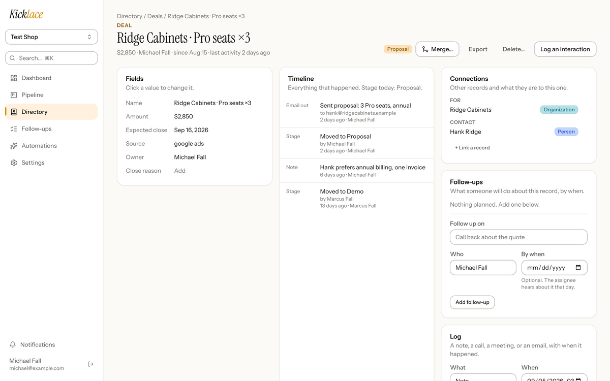 A deal record in Kicklace: fields, a timeline of stage moves and notes, connections, follow-ups, and a log form.